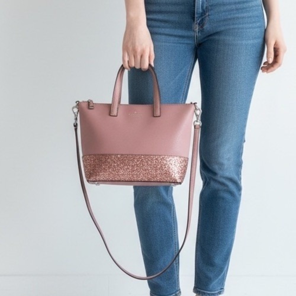 Kate Spade Tote Satchel Glitter Crossbody Saffiano PVC Dusty Peony Rose Gold
